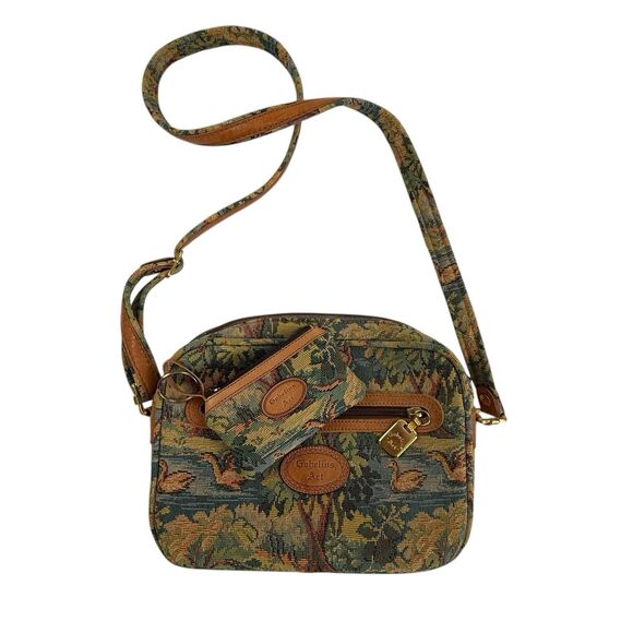 Set of 2 Vintage Gobelins Art Crossbody Swans Meadow Tapestry Purse Wallet - Picture 1 of 12